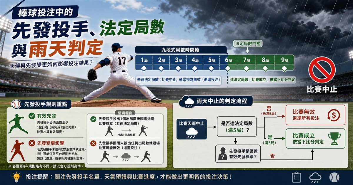 棒球場與九段式局數時間軸，雨雲與比賽中止符號連向規則判定流程