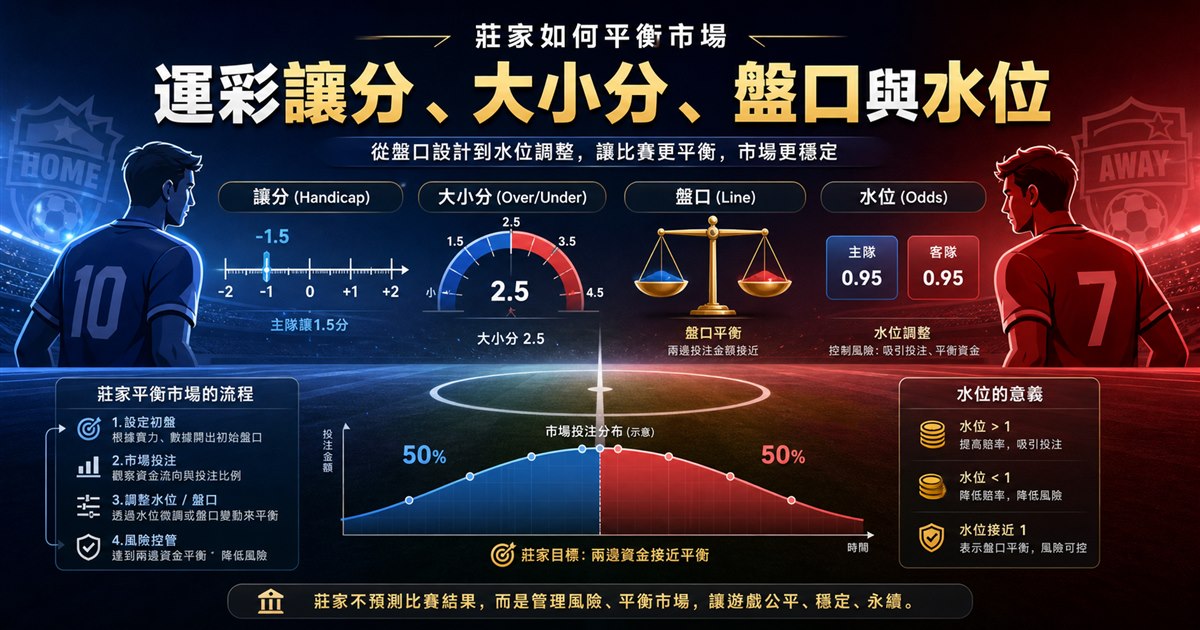 球場中線上的讓分刻度與大小分儀表，旁邊是平衡盤口的天平與賠率曲線