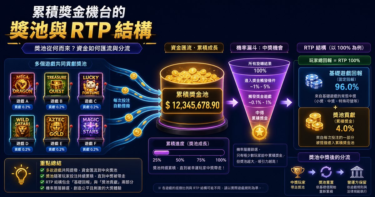 多個遊戲節點的資金匯流到中央獎池，機率漏斗標出基礎回報與獎池的分流