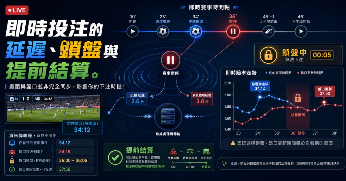 即時賽事時間軸上的訊號延遲波紋、鎖盤符號與動態賠率曲線