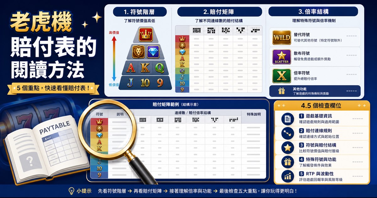 賠付矩陣上的遊戲符號階層與倍率結構，放大鏡指向五個必看欄位
