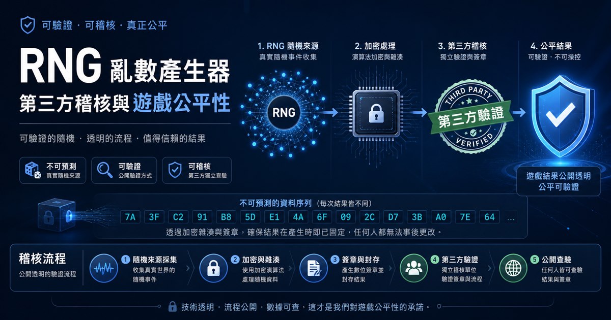 亂數節點與加密晶片連向第三方驗證章，構成可稽核的公平性流程