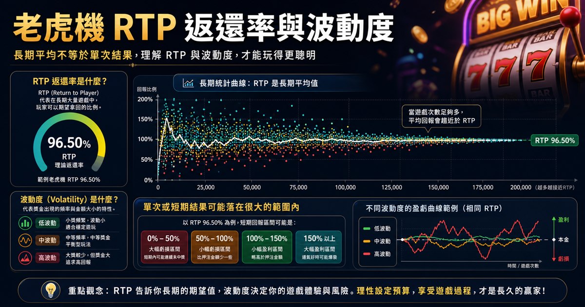機率圓環與長期統計曲線，密集資料點散佈在回報比例區間，顯示長期平均不等於單次結果