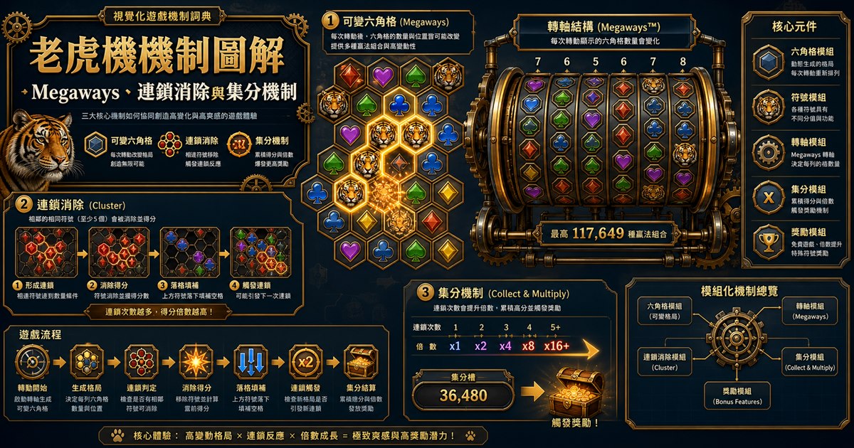 可變六角格、連鎖消除節點與轉軸結構組成的模組化機制圖