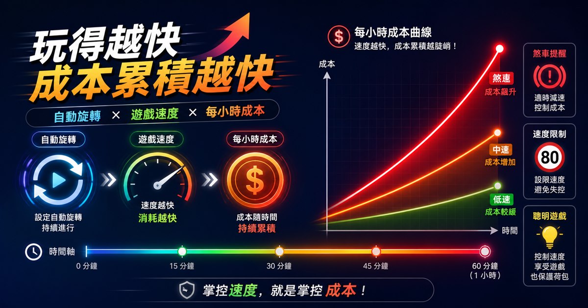 加速儀表與快速旋轉圓環旁，成本曲線隨時間持續上升，煞車符號標出速度限制
