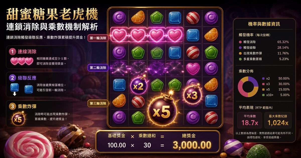 六乘五遊戲盤上的糖果符號連鎖消除，乘數炸彈落下，旁邊是機率資料面板