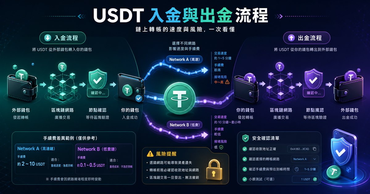 數位代幣經由兩條不同的區塊鏈傳輸網路進入錢包，旁邊標示手續費差異與安全確認
