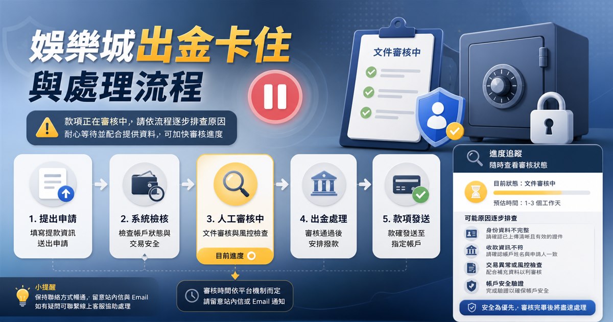 提領流程節點上的暫停符號與文件審核，旁邊是逐步排查的進度追蹤