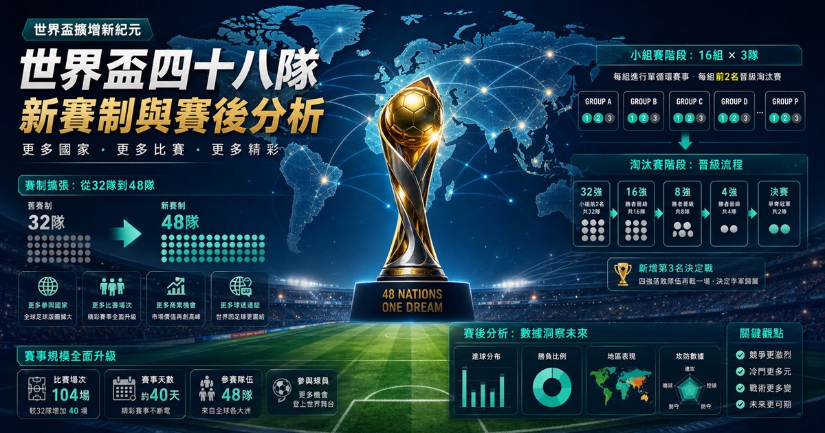 世界地圖上密集的分組節點與淘汰賽流程，呈現四十八隊新賽制的擴張